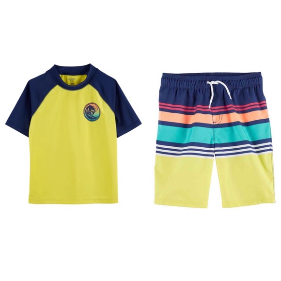 Carter’s Boys Rays for Days Surf Rashguard and Stripes Swim Shorts or Trunks - Picture 1 of 4